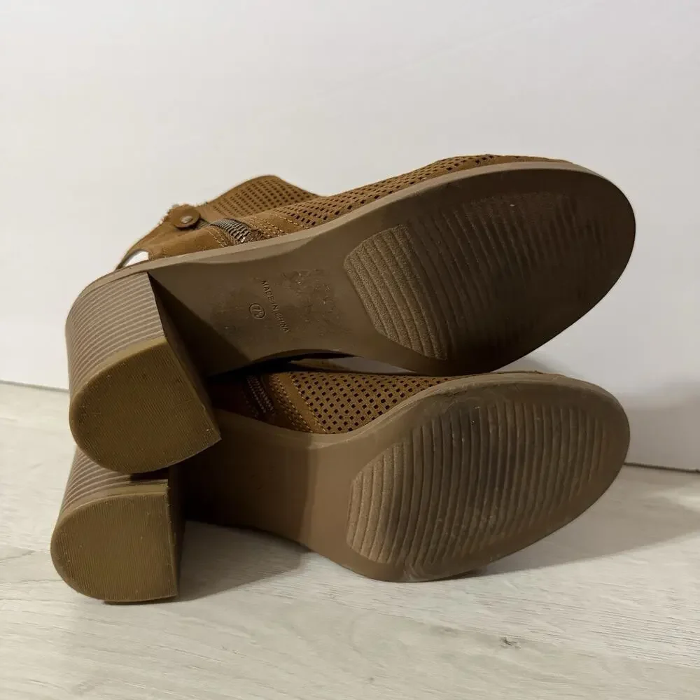 American Rag Cie Brown Open Toe Ankle Booties 3 Inch Heels Women's Size 7.5